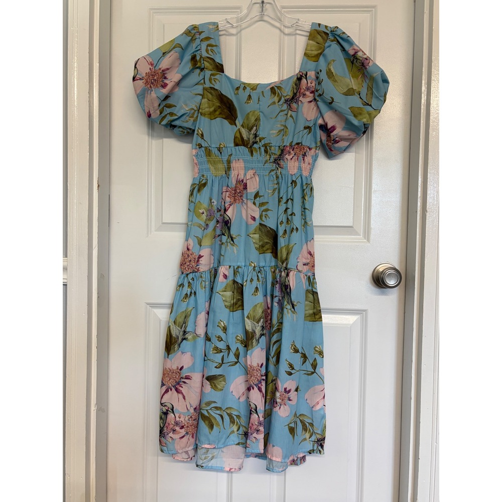 Sunday Up Midi Dress Women S Blue Floral Puff Sleeve Smocked Tiered Cottagecore